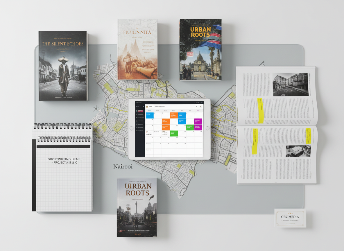 An overhead photographic view of a well-organized content planning table for GRZ Media, centered on a clean white tablet showing a calendar filled with color-coded social media posts. Around it lie printed mockups of book covers, open magazines with highlighted passages, and neatly stacked notebooks symbolizing ghostwriting drafts. A subtle city map of Nairobi and Nakuru is partially visible beneath a transparent desk mat. Soft studio lighting creates minimal shadows and a bright, focused feel. The composition uses a flat-lay style with balanced spacing, conveying precision, order, and a highly professional media agency workflow.