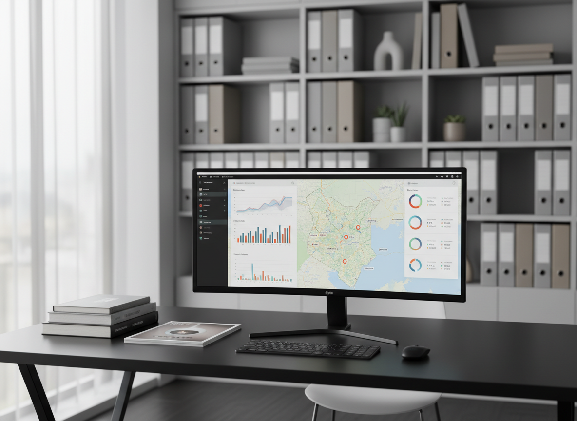 A sleek, modern workspace dedicated to digital media strategy, featuring a large ultra-wide monitor displaying an organized social media dashboard over a subtle map highlighting Nakuru and Nairobi. On the matte black desk, a stack of neatly arranged hardcover books and glossy periodicals suggests ghostwriting and publishing projects in progress. Soft daylight from a large window washes over the scene, creating gentle reflections on the screen and a calm, professional atmosphere. Photographic realism, shot at eye level with a shallow depth of field, keeps the foreground in crisp focus while the background office shelving, filled with neutral-toned binders and a few muted decor pieces, falls into a pleasing bokeh.