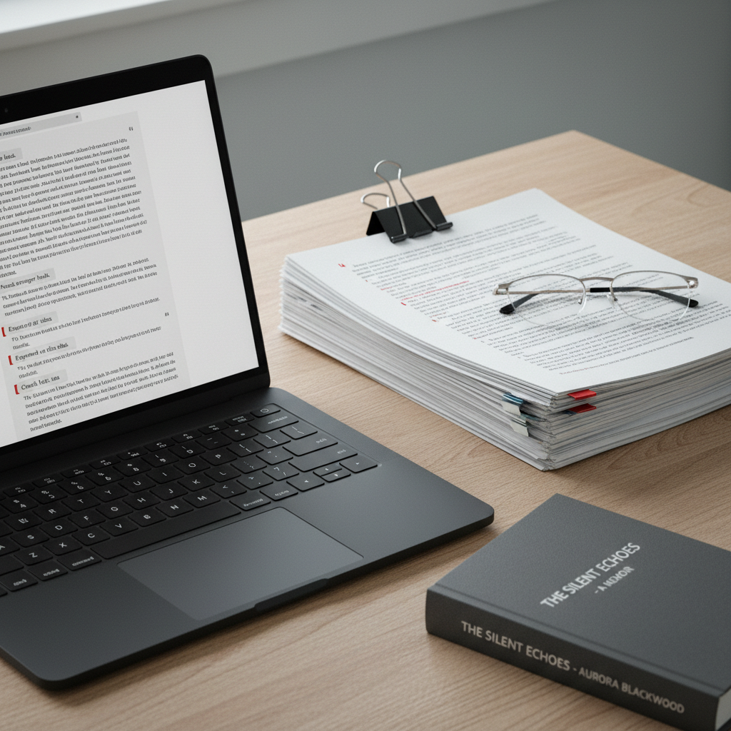 A close-up, photographic shot of a minimalist black laptop on a wooden desk, its screen displaying an open document filled with structured paragraphs and margin comments, suggesting an in-progress ghostwritten book manuscript. Beside it, a crisp stack of printed pages is secured with a matte black binder clip, and a single, embossed hardcover book rests nearby, hinting at the final published product. Cool, diffused daylight from a side window casts soft shadows and highlights the textures of paper and metal. Captured from a slightly elevated angle, the scene feels focused, quiet, and intellectual, embodying the meticulous editorial work of a professional media agency.
